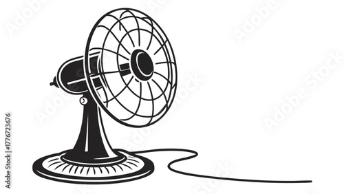 Illustration of a vintage electric fan with a circular wire cage and a long winding power cord design created with generated ai