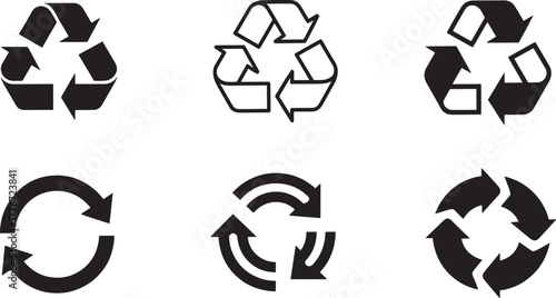 Collection of Six Recycling Symbols in Solid and Outline Styles icon reuse