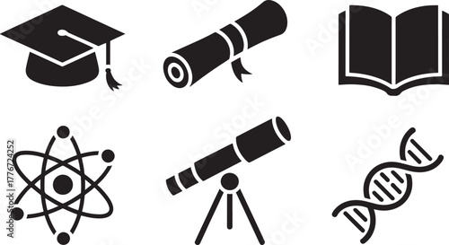 Graduation Cap Diploma Book Atom Telescope DNA Icons education scroll