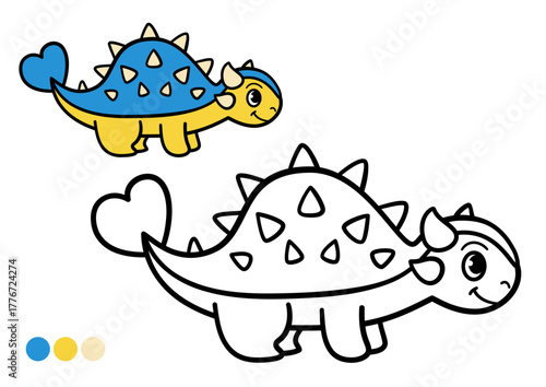 Cute cartoon dinosaur childrens coloring book page. Funny ankylosaurus black and white outline illustration with color example for preschool learning and creative fun.