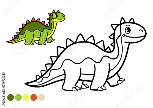 Cute cartoon dinosaur childrens coloring book page. Happy stegosaurus black and white outline illustration with color example for preschool learning and educational fun.