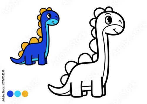 Cute cartoon dinosaur childrens coloring book page. Simple and easy for coloring dinosaur illustration with color example. Black and white outline drawing for preschool learning and creative fun.