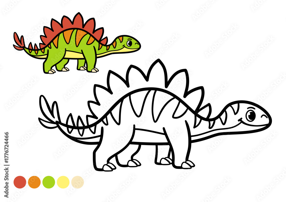 Fototapeta premium Cute cartoon dinosaur childrens coloring book page. Fun prehistoric stegosaurus illustration with plates on its back. Simple outline drawing with color example for creative learning and fun.