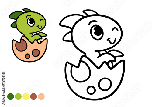Cute baby dinosaur hatching from egg childrens coloring book page. Simple outline illustration with happy prehistoric character for creative learning and fun.