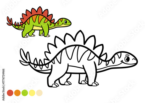 Cute cartoon dinosaur childrens coloring book page. Fun prehistoric stegosaurus illustration with plates on its back. Simple outline drawing with color example for creative learning and fun.