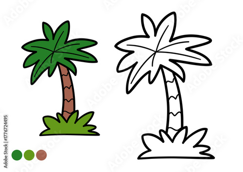 Cute cartoon palm tree childrens coloring book page. Simple prehistoric tree outline for early learning and creative fun.