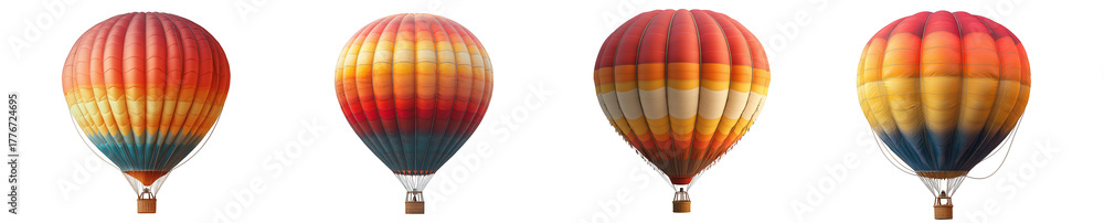 Obraz premium Four hot air balloons with colorful striped patterns isolated on transparent background