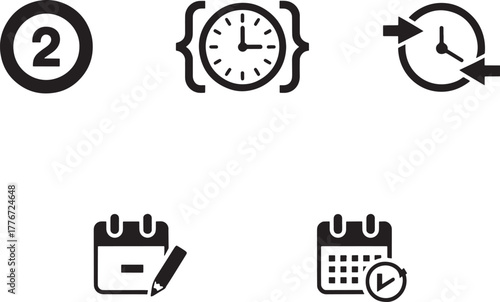 Set of five black icons representing time management and scheduling vector illustration