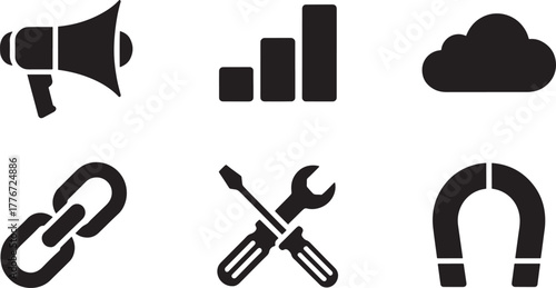 Six black icons for marketing, analytics, and tools on white background megaphone bullhorn