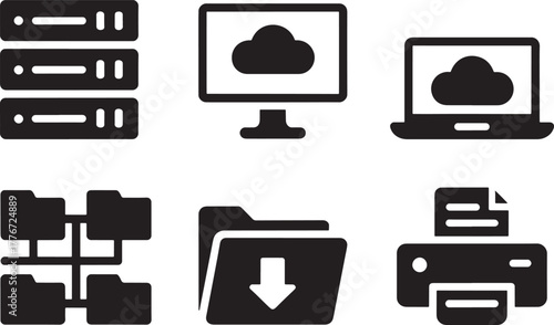 Six black icons for servers, cloud, and printing on white background rack computer