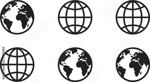 Six globe icons showing different continents and grid lines earth world