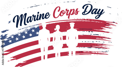 Marine Corps Day illustration featuring silhouettes of US soldiers and service members over a bold, distressed brushstroke background of the American flag.