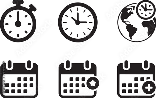 Stopwatch Clock Globe Calendar Icons With Star and Plus time timer