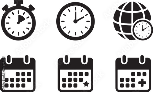 Stopwatch Clock Globe Calendar Icons With Symbols time timer