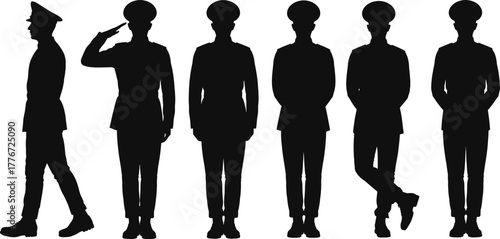 Set of Six Soldier or Military Officer Silhouettes in Uniforms and Caps with Saluting Pose for Army Concept Vector Graphic