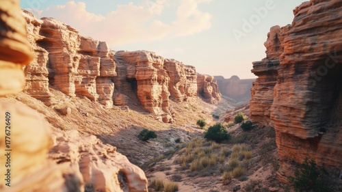 Low poly canyon landscape featuring stacked rock formations and deep shadows with a gradient sky transitioning from peach to blue