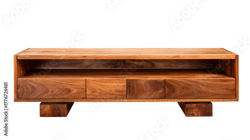 Wooden media console with four drawers and open shelving isolated on a transparent background