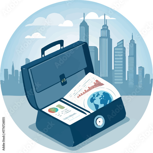 Business briefcase with financial report and global analytics in modern city background