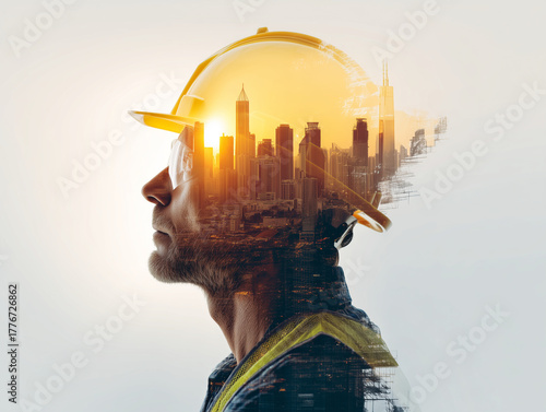 Man in hard hat profile with city skyline double exposure and bright light on a white background