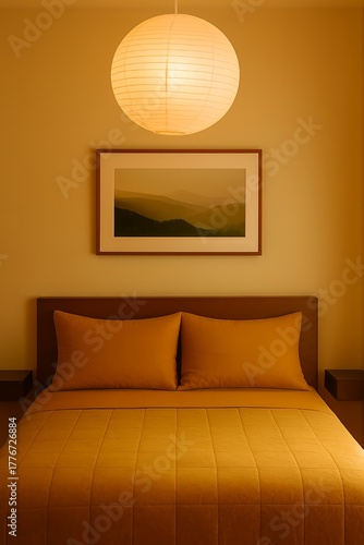 Warm toned bedroom interior with paper lantern and landscape art above bed