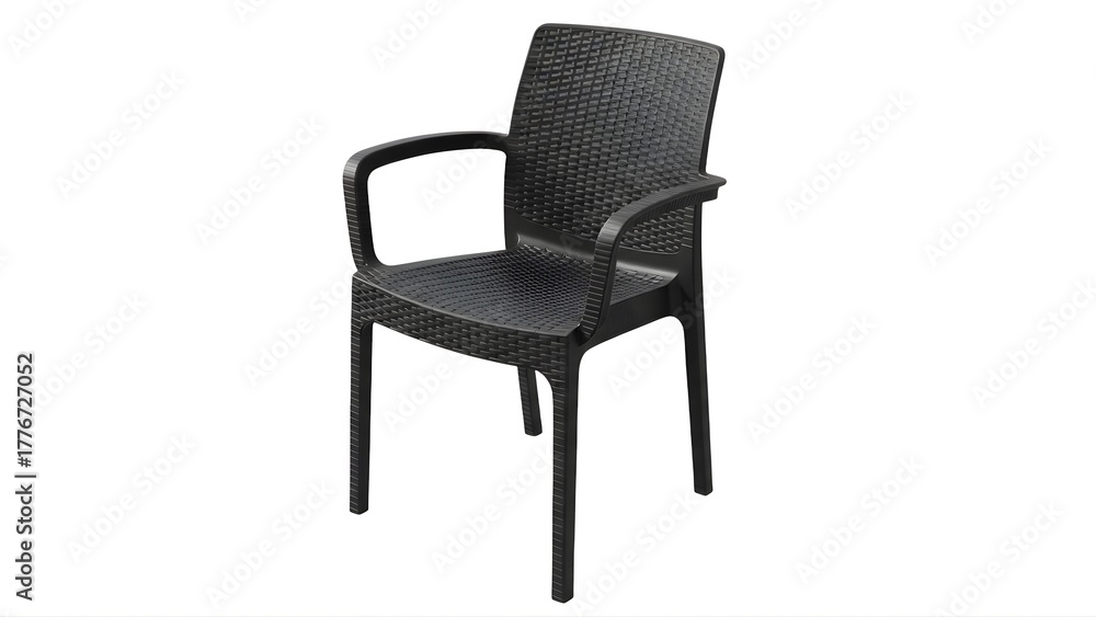 Fototapeta premium Shop black outdoor chair with armrests modern patio seating furniture for garden and backyard decor on transparent background
