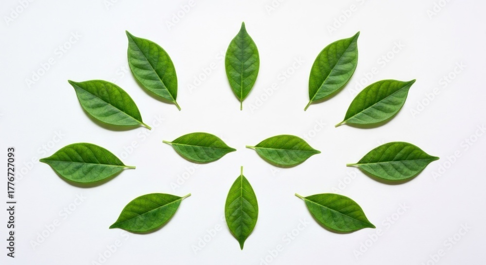 Naklejka premium Green leaves arranged in radial pattern on clean white background, top-down view