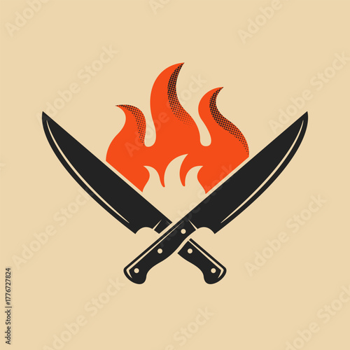 Vector BBQ logo. Crossed knives with fire icons. 