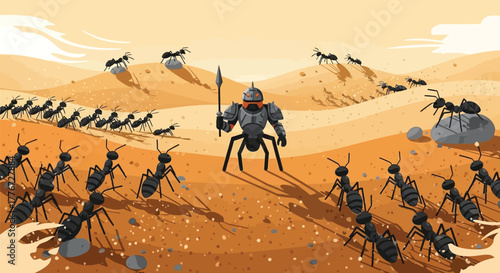 Ant Army Leader: Giant Ant Soldier with Spear Commanding Black Ants in Desert