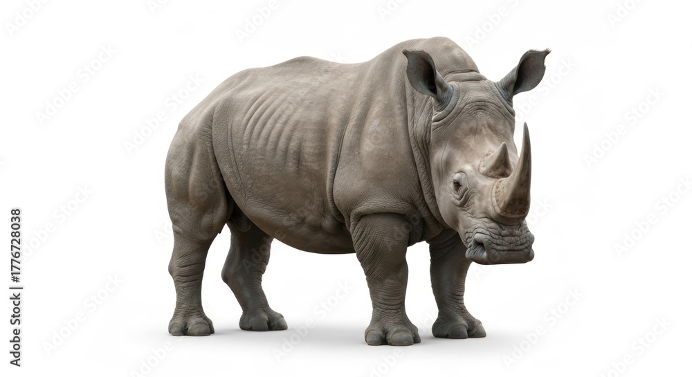 Fototapeta premium Rhino stands isolated against a white background, light grey, textured skin