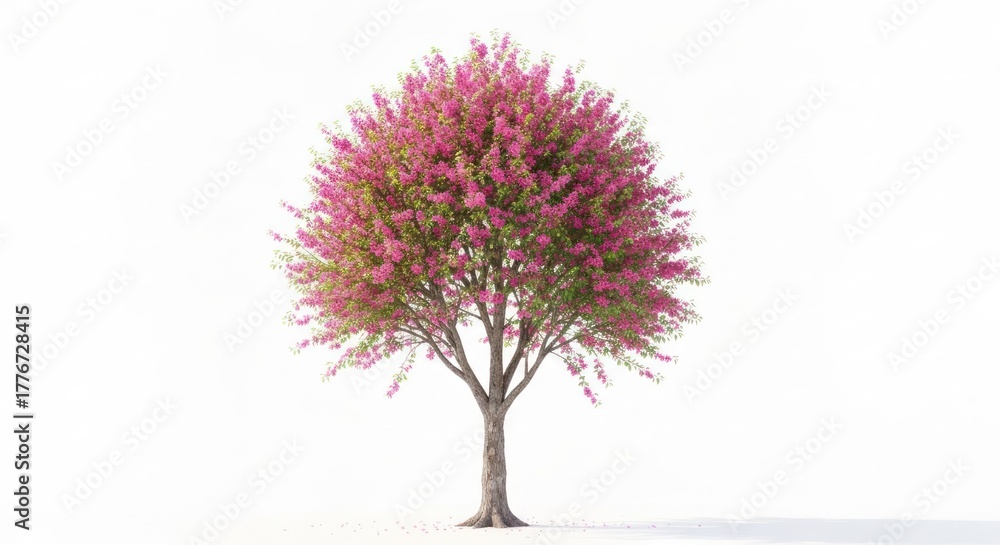 Fototapeta premium Solitary tree with pink blossoms and green leaves against a bright white backdrop