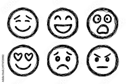 Expressive emoji faces convey a range of emotions from joy and love to sadness and anger, perfect for digital communication and feedback