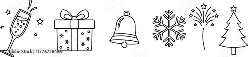Festive holiday icons including champagne glass, gift box, bell, snowflake, fireworks, and Christmas tree in simple line art