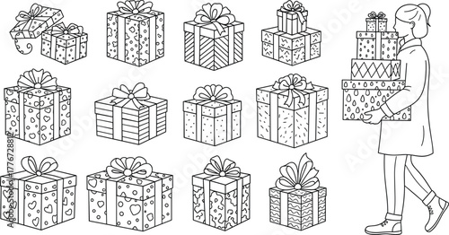 Holiday gift box line art set with ribbons, bows, patterned presents, stacked gifts, and person carrying wrapped packages