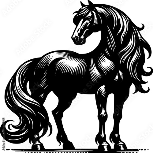 Majestic Stallion Silhouette: A powerful and elegant black stallion stands in a regal pose, its flowing mane and muscular build captured in striking silhouette.