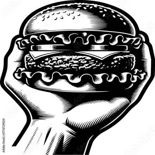 Hand-held Culinary Delight: A detailed illustration captures the perfect hamburger, its layers expertly crafted and held gently in a hand, evoking a sense of satisfying comfort.