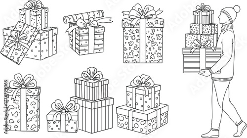 Holiday gift box line drawings set with bows, stacked presents, decorative wrapping, ribbons, and person carrying multiple presents