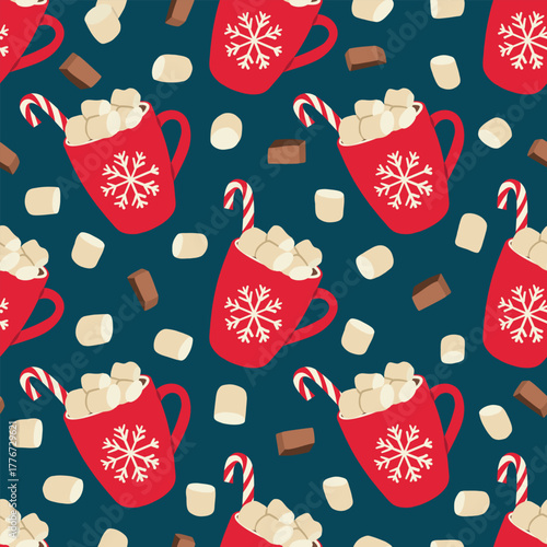Christmas hot cocoa drink seamless pattern. Red cup of hot chocolate with marshmallows, chocolate and candy canes. Winter holiday repeat background.