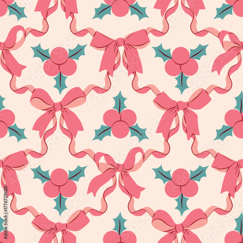 Christmas pattern with holly berries, decorative pink bows. Winter seamless vector pattern with traditional festive elements, perfect for holiday gift wrap, home decor