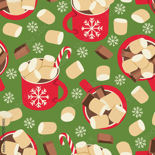 Christmas drink seamless pattern. Red cup of hot cocoa with marshmallows, chocolate and peppermint candies green. Holiday drinks repeat background.