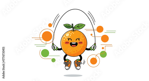 Cartoon Orange Jumping Rope for Exercise and Healthy Lifestyle with Joyful Expression