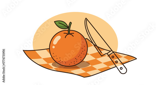 Cartoon Orange On Plaid With A Knife, Food Illustration And Design Concept