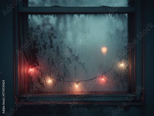 A cozy window pane covered in frost, illuminated by a string of festive lights, casting a warm glow against the cold winter night.