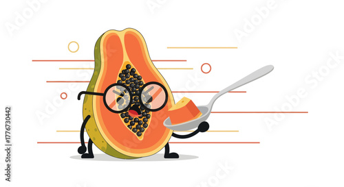 Cartoon Papaya Character Enjoying a Spoonful of Itself With a Playful Expression