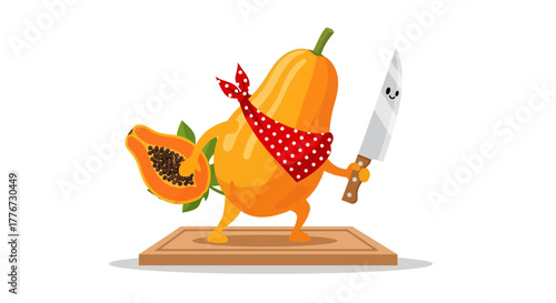 Cartoon Papaya Character Ready To Cut And Serve A Delicious Slice Of Fruit