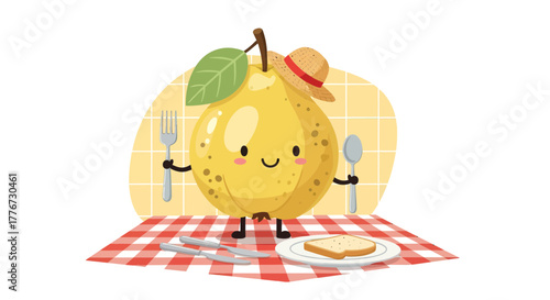 Charming Animated Pear Character Ready To Enjoy A Meal On A Cheerful Picnic Setup