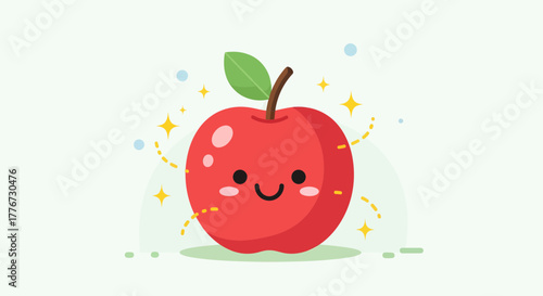 Charming Animated Red Apple Illustration with Smiling Face and Sparkling Effects