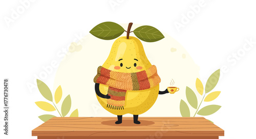 Charming Animated Pear Illustration Enjoying Warm Drink, Cozy Autumnal Scene