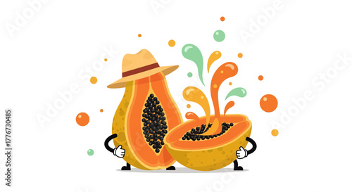 Cartoon Papaya Characters with Hats and Expression of Joyful Fruit Fun on White Background