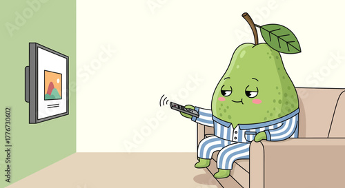 Cartoon Pear Watching Television Leisurely In Pajamas While Relaxing On The Couch