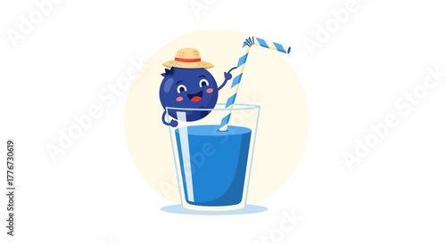 Charming Blueberry Character Enjoying Refreshing Drink with Straw in a Glass Illustration